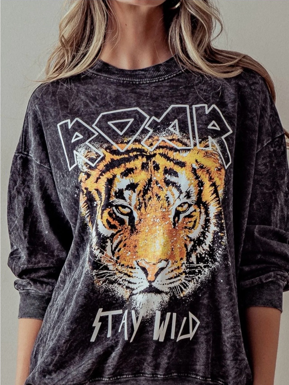 Love Vintage Roar Stay Wild Tiger Graphic Acid Wash Sweatshirt Oversized